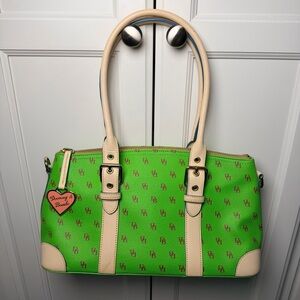 Dooney & Bourke Lime Green DB Monogram Satchel Heart Charm Leather Trim